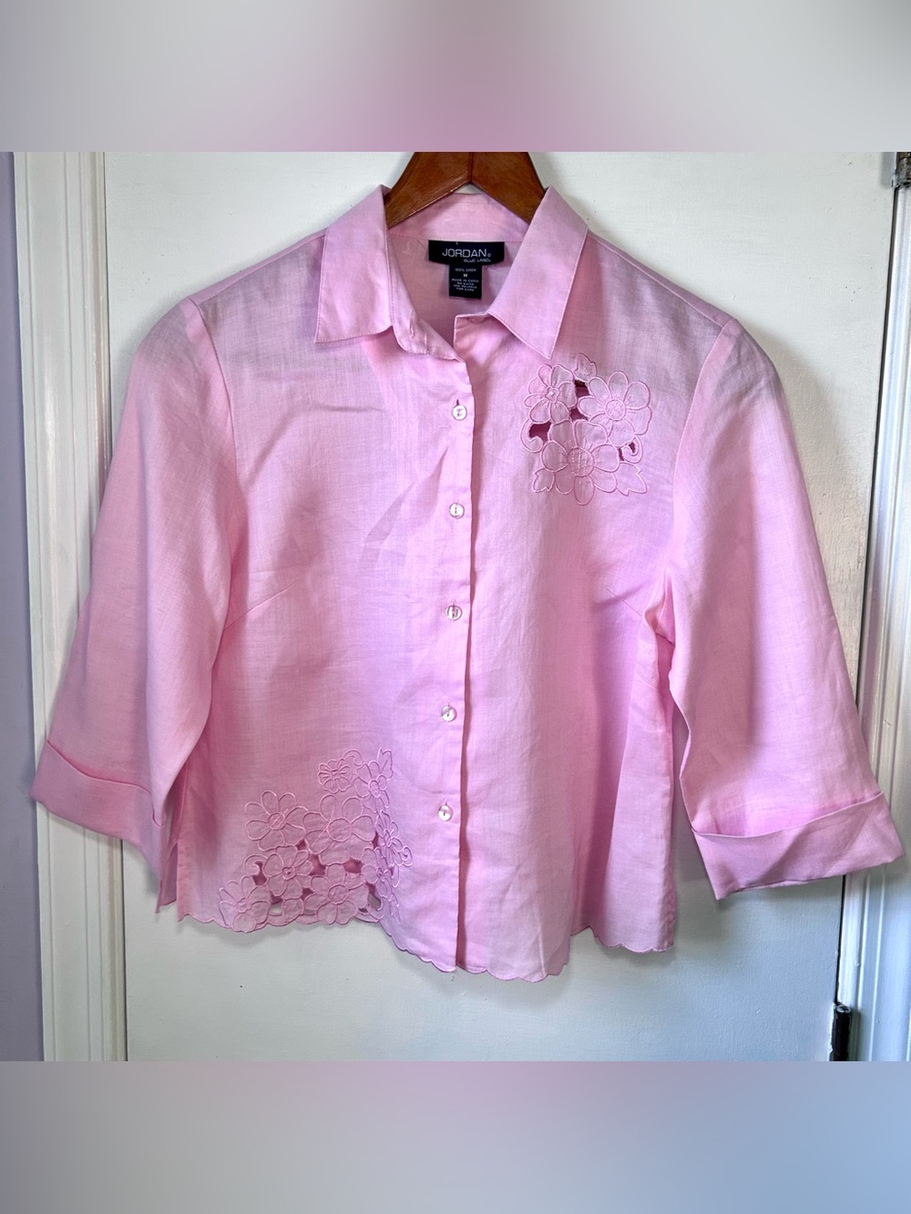 Pink Linen Button Down Blouse 3/4 Sleeves Women’s Medium by Jordan Blue Label